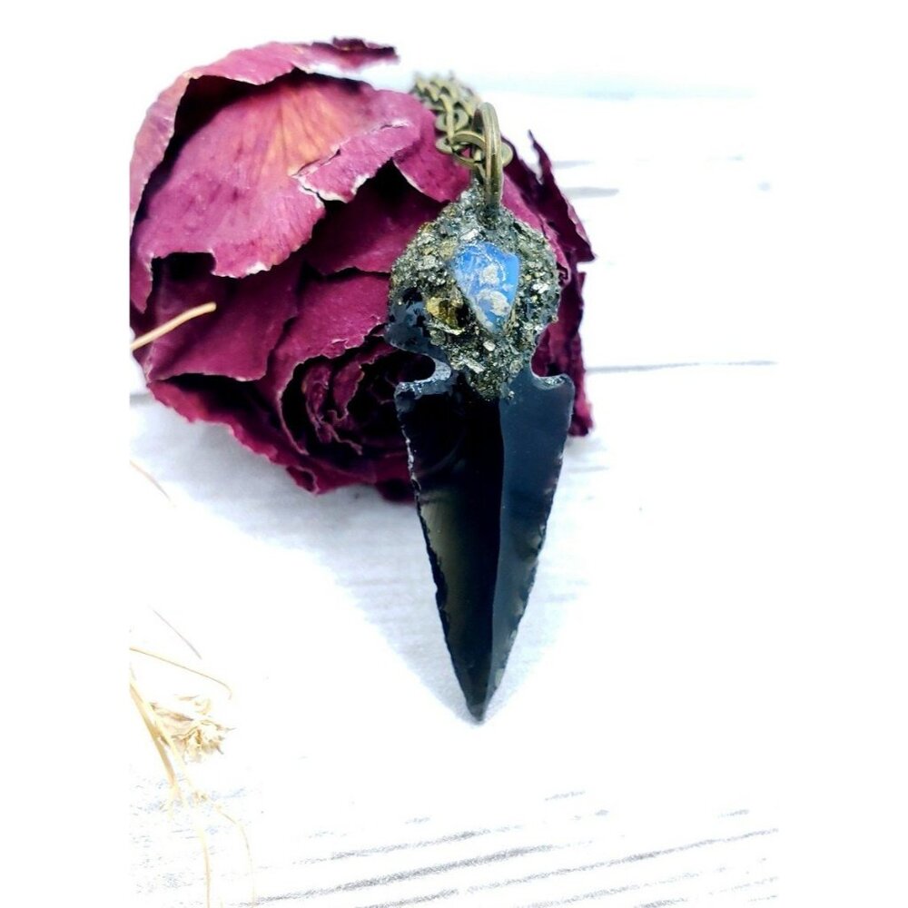 Obsidian and opal crystal necklace